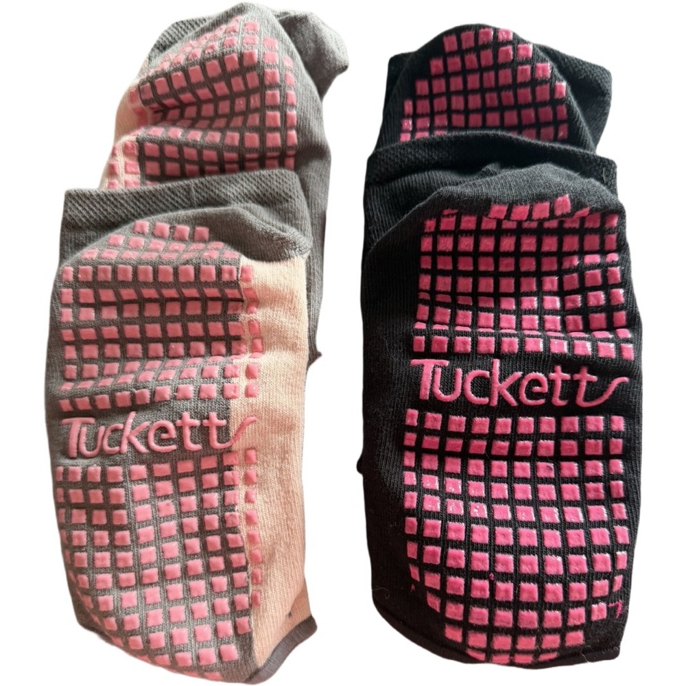 Tucketts Non Slip Pilates Yoga Barre Grip Socks 2 Pairs Open Toe Pink Black Gray